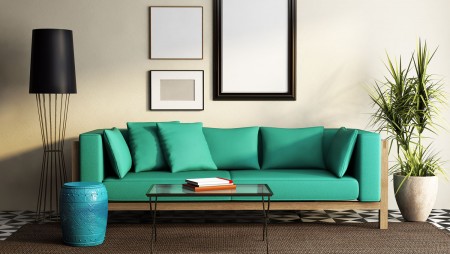 Contemporary elegant green sofa, fresh moroccan living room
